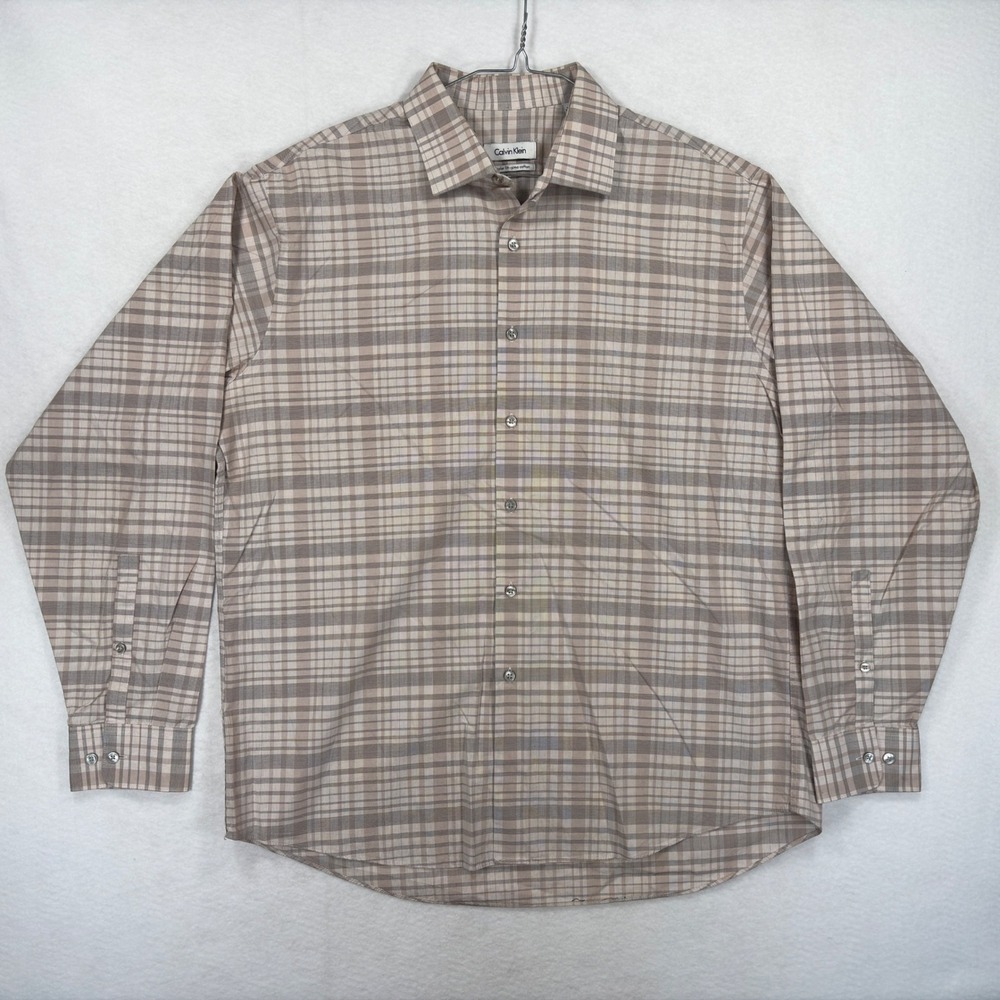 Calvin Klein Mens Regular Fit Pima Cotton Plaid Button Down Shirt Tan 16.5 34/35
